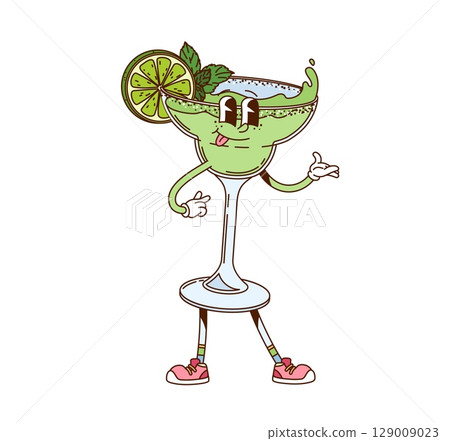 Hippie margarita cocktail drink groovy character. Party alcohol beverage cute groovy vector character, tropical cocktail cheerful character. Margarita drink mascot with lemon slice and mint leaves 129009023