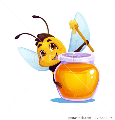 Cartoon funny cute bee character holding wooden dipper above a jar of golden honey, beaming with delight. Vector apiary insect mascot with smiling face for beekeeping, sweet product and flower garden Cartoon funny cute bee character holding wooden dipper above a jar of golden honey, beaming with delight. Vector apiary insect mascot with smiling face for beekeeping, sweet product and flower garden 129009026