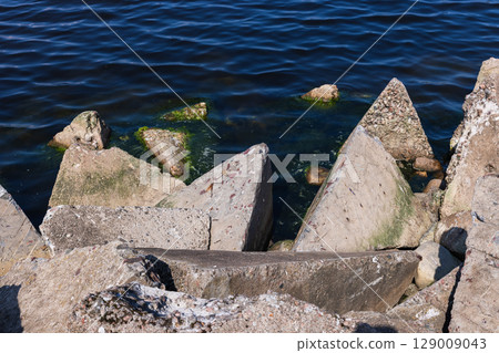 Shoreline With Concrete Blocks and Algae-Covered Rocks in Clear Blue Water 129009043