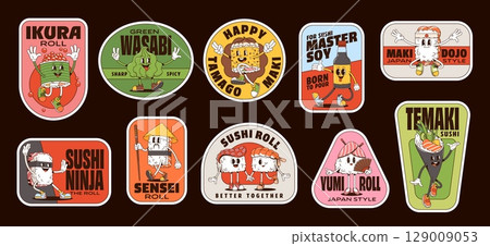 Sushi and roll characters groovy label stickers. Vector patches with playful Japanese food rolls, soy sauce, and wasabi comic personages with expressive faces and fun poses. Labels for culinary menus 129009053