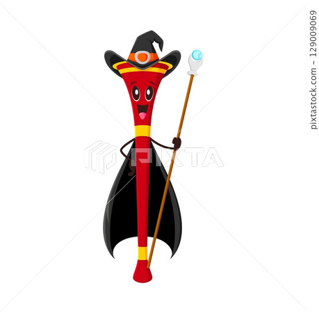 Cartoon vuvuzela Halloween mage and wizard character. Isolated vector magician wind instrument with magic staff. Funny fairytale personage in cape and witch hat, ready for party or soccer tournament Cartoon vuvuzela Halloween mage and wizard character. Isolated vector magician wind instrument with magic staff. Funny fairytale personage in cape and witch hat, ready for party or soccer tournament 129009069
