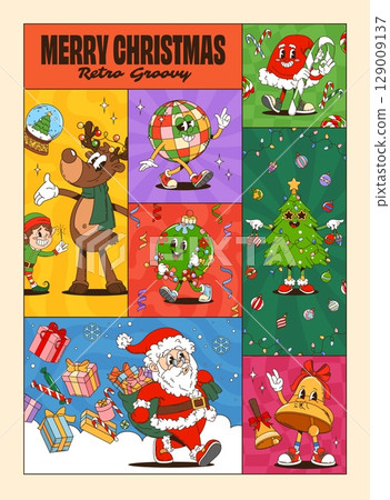 Christmas collage groovy cartoon characters poster. Vector retro Xmas comic layout featuring Santa, reindeer, elf, disco ball, tree, bell and ornaments evoke nostalgic joy and festive celebration 129009137