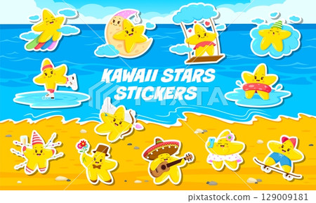 Cartoon cute starlet, kawaii twinkle star characters stickers pack. Funny star kawaii vector personage sleeping on cloud, wearing sombrero and playing guitar, swimming, flying on rainbow, ice skating 129009181