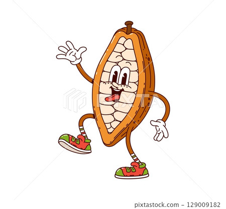 Cartoon groovy cocoa pod seed cheerful character. Cacao and chocolate confectionery isolated groovy vector personage, funny Y2K mascot. Cocoa pod with seeds cheerful 60s character or happy character 129009182