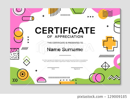 Diploma certificate template with geometric Memphis shapes. Vector appreciation frame, honor trophy with abstract figures, elements, vibrant colors, place for recipient name, date and signature 129009185
