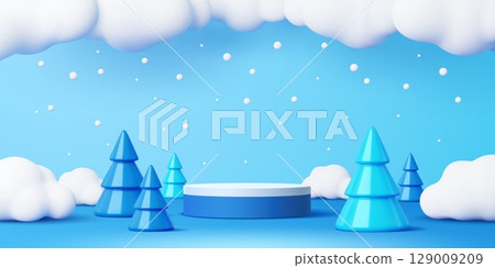 Christmas podium, 3D winter scene with conical trees, fluffy clouds, and falling snowflakes on a bright blue background. Vector round platform for festive or Xmas product display and presentations 129009209