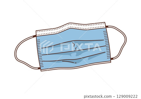 Cartoon groovy blue medicine disposable surgical mask with ear loops and pleats used for health protection and hygiene. Isolated vector medical safety sanitary equipment for prevention from viruses Cartoon groovy blue medicine disposable surgical mask with ear loops and pleats used for health protection and hygiene. Isolated vector medical safety sanitary equipment for prevention from viruses 129009222