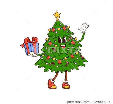 Groovy Christmas tree character with winter holiday gifts, cartoon vector. Funny groovy pine tree smiling with happy face, giftbox and Christmas lights decoration for New Year cartoon character 129009223