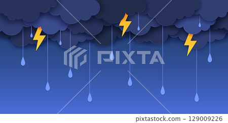 Paper cut rain and clouds with lightning. Rainy weather forecast, summer thunderstorm papercut vector backdrop. Lightning bolts and rain water drops hanging from dark blue clouds paper cut background 129009226