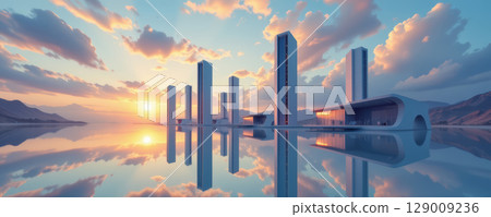 Calm surreal environment with vertical building reflection on water during sunset with colorful sky and mountain background 129009236