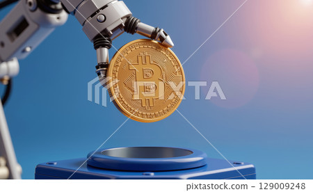 Cryptocurrency coin held by robotic arm with blue background and sunlight flare creating futuristic and innovative atmosphere Cryptocurrency coin held by robotic arm with blue background and sunlight flare creating futuristic and innovative atmosphere 129009248