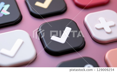 Closeup of black and white check mark and cross symbol buttons pink surface, representing choice and decision making concept Closeup of black and white check mark and cross symbol buttons pink surface, representing choice and decision making concept 129009254