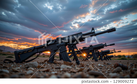 Assault rifle on rocky ground with dramatic sunset sky and clouds in background 129009272