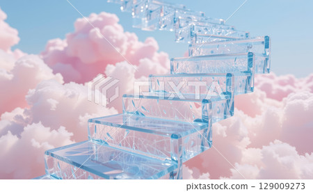 Transparent staircase floating in soft pink cloudscape under blue sky with dreamy atmosphere 129009273