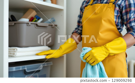 Cleaning worker in yellow apron and gloves holding blue cloth near shelf with towels and storage boxes 129009298