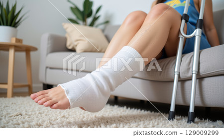 Injured foot wrapped in white bandage resting on carpet with crutches nearby, showing orthopedic recovery and healing process Injured foot wrapped in white bandage resting on carpet with crutches nearby, showing orthopedic recovery and healing process 129009299