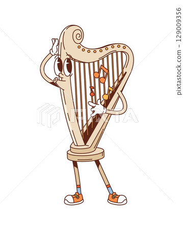 Cartoon groovy harp musical instrument character. Isolated vector plucked, stringed funny personage strumming on itself, playing music and expressing positive emotions with tune notes floating around 129009356