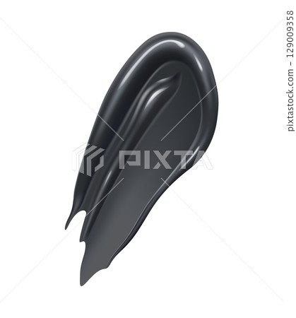 Realistic black gel or lotion cream cosmetic swatch with a smooth, fluid texture and reflective highlights. 3d vector abstract glossy brushstroke, charcoal face mask, paint or coal toothpaste smear 129009358