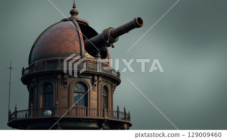 Old haunted observatory with steampunk telescope under moody sky, showing intricate metalwork and vintage design 129009460