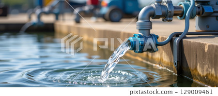 Water flowing from industrial pipe into pool with ripples and reflections in outdoor setting 129009461