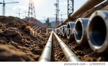Energy pipeline closeup perspective with metal pipes on construction site under sunlight 129009505