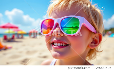 Smiling child wearing colorful sunglasses at beach on sunny day with umbrellas and sand in background 129009506