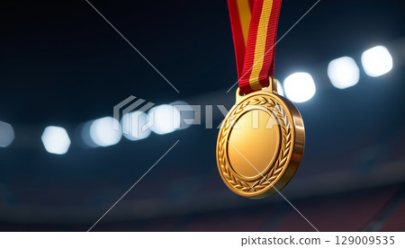 Gold medal with red and yellow ribbon hanging in stadium lights background, symbolizing victory and achievement 129009535