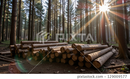 Lumber pile in forest with sunlight shining through tall pine trees creating peaceful natural scene 129009577