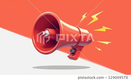 Red megaphone with yellow sound waves on orange and white background, symbolizing loud announcement and communication 129009578