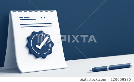 Minimalistic paperwork with approval mark and pen on white surface, blue background, symbolizing success and confirmation 129009580