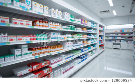 Pharmacy shelf with various medicine bottles and boxes neatly organized in bright, clean environment Pharmacy shelf with various medicine bottles and boxes neatly organized in bright, clean environment 129009584