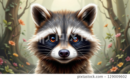 Closeup of raccoon with bright eyes in soft forest setting, surrounded by colorful flowers and gentle light Closeup of raccoon with bright eyes in soft forest setting, surrounded by colorful flowers and gentle light 129009602