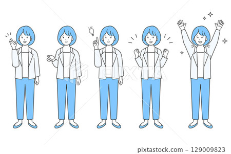 A simple image of a smiling business person, full body. Positive illustration material set. Positive, happy, solution. 129009823