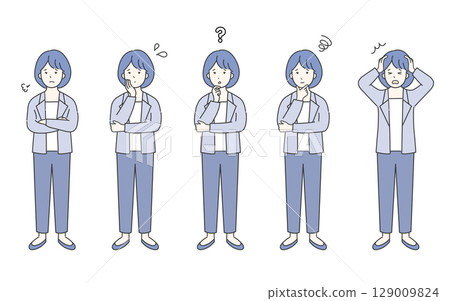 一位憂心忡忡的商務人士全身的簡單圖像。負面插圖素材集。困惑、焦慮、緊張的臉部表情。 129009824