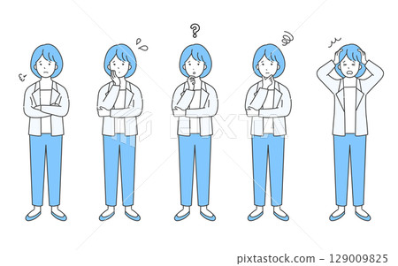 一位憂心忡忡的商務人士全身的簡單圖像。負面插圖素材集。困惑、焦慮、緊張的臉部表情。 129009825