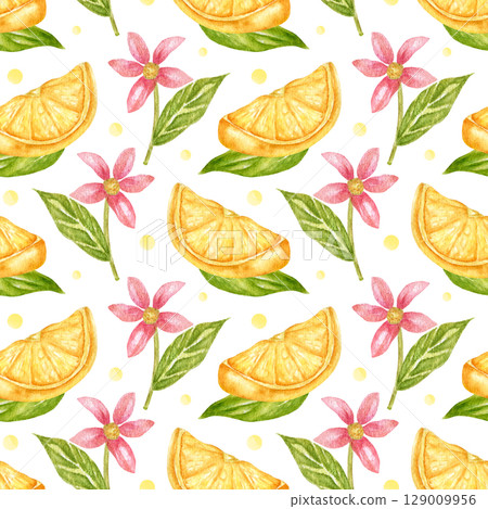 Exotic seamless pattern with blooming lemon fruits. Watercolor background with citrus slices and flowers. Bright print for fabric, kitchen, or wallpaper. Exotic seamless pattern with blooming lemon fruits. Watercolor background with citrus slices and flowers. Bright print for fabric, kitchen, or wallpaper. 129009956