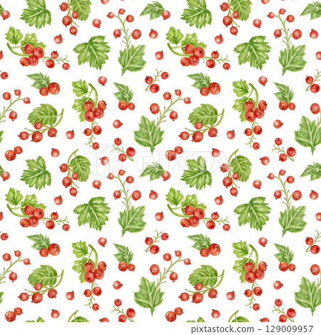 Seamless pattern of ripe and sweet red currant berries. Watercolor print for festive textiles, confectionery packaging, culinary paper, scrapbooking. Colorful pattern with clusters of summer berries. Seamless pattern of ripe and sweet red currant berries. Watercolor print for festive textiles, confectionery packaging, culinary paper, scrapbooking. Colorful pattern with clusters of summer berries. 129009957