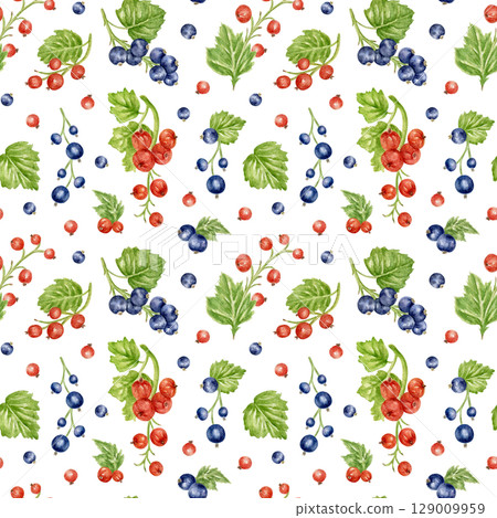 Seamless watercolor pattern with currant berries and leaves. Clusters of red and black currant berries on a branch. Botanical ornament, juicy print for kitchen textiles, wallpaper, fabric, packaging. 129009959