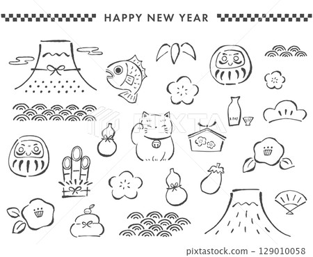 A set of illustrations of Japanese New Year's Day, lucky charms for the new year, etc. Hand-drawn loose line drawings. 129010058