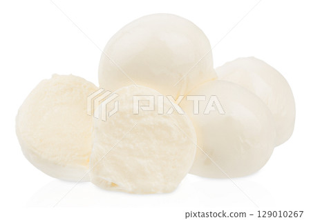 Fresh mozzarella cheese balls isolated on a white background, perfect for salads, snacks, or gourmet dishes Fresh mozzarella cheese balls isolated on a white background, perfect for salads, snacks, or gourmet dishes 129010267