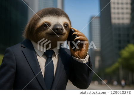A sloth in a suit and businessman talking on a smartphone 129010278