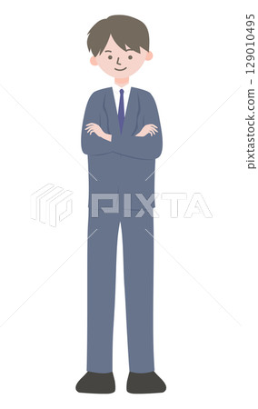 Businessman standing with arms crossed - Full-body illustration of a navy suit ① 129010495
