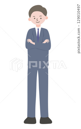 雙臂交叉站立的商人 海軍藍西裝全身插畫② 129010497
