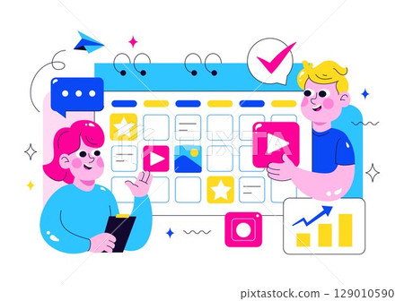 Social Media Content Planning Illustration Featuring People Making Notes on the Calendar with Scheduling Posts and Media Plan for Promotion Marketing 129010590