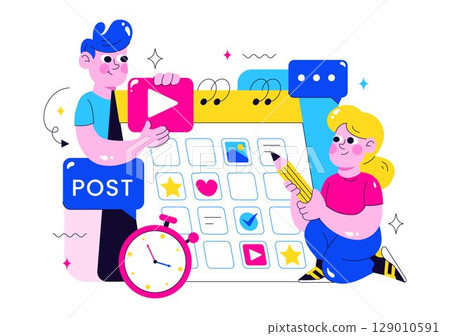 Social Media Content Planning Illustration Featuring People Making Notes on the Calendar with Scheduling Posts and Media Plan for Promotion Marketing 129010591