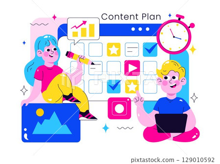Social Media Content Planning Illustration Featuring People Making Notes on the Calendar with Scheduling Posts and Media Plan for Promotion Marketing 129010592