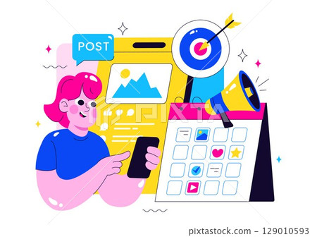 Social Media Content Planning Illustration Featuring People Making Notes on the Calendar with Scheduling Posts and Media Plan for Promotion Marketing Social Media Content Planning Illustration Featuring People Making Notes on the Calendar with Scheduling Posts and Media Plan for Promotion Marketing 129010593