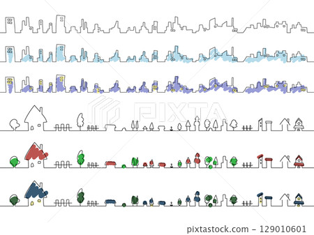 Simple line drawing cityscape set 129010601