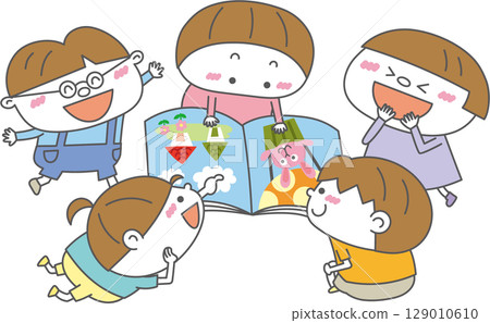 Children enjoying a picture book | Childcare, education, and parenting support materials Children enjoying a picture book | Childcare, education, and parenting support materials 129010610