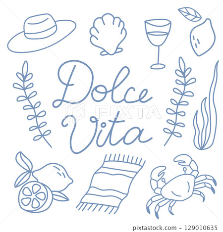 Mediterranean hand drawn set. Blue doodle set with crab, lemon, shell. 129010635